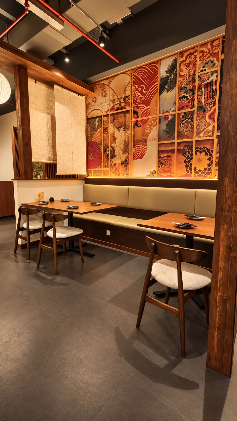 Dining area with Japanese illustrated feature wall
